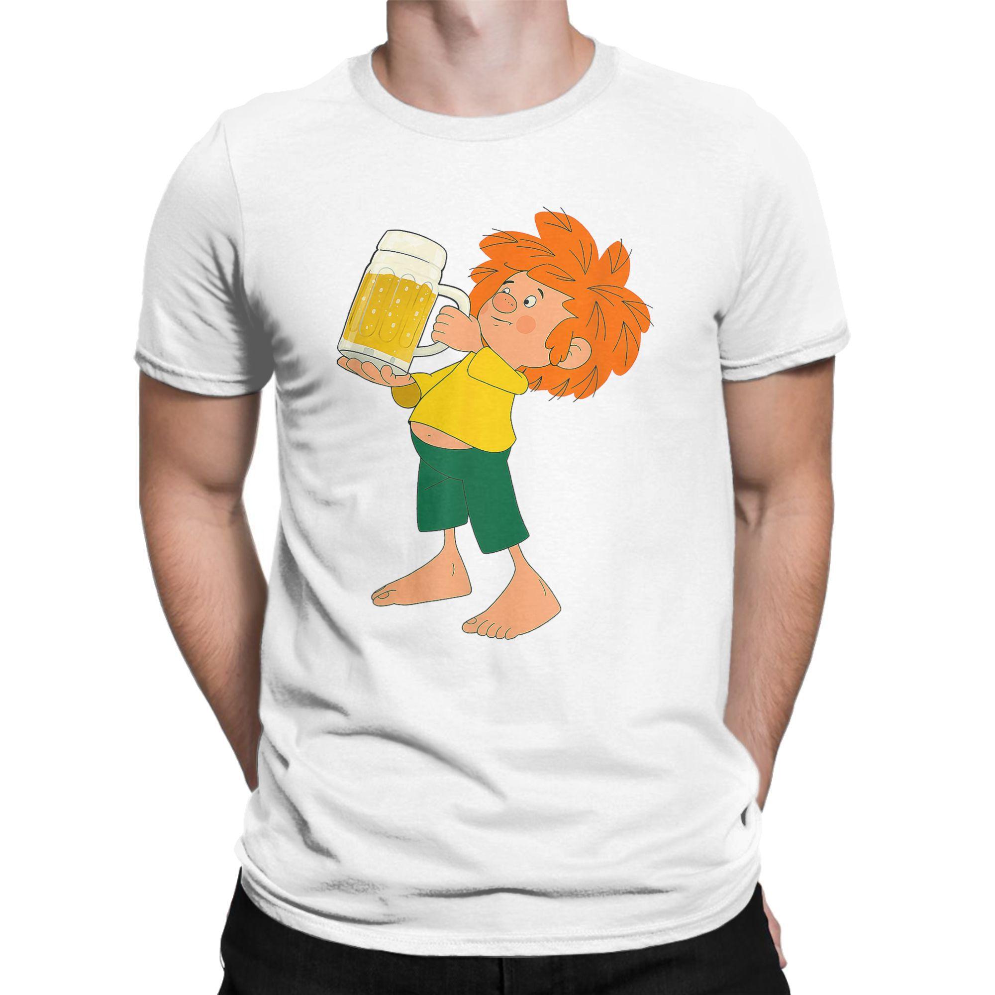Herren T-Shirt Pumuckl Trinkt Bier Vintage Reines Baumwoll-T-Shirt Kurzarm Anime Cartoon T-Shirts Rundhals Bekleidung Übergröße S white