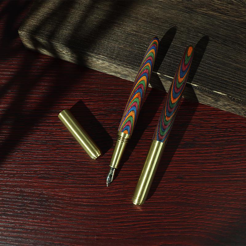 Füllfederhalter-Set aus schimmerndem Messing und Massivholz mit Tintenbeutel und Gravur – Kreatives Geschenk für Studenten Rollerball (0.5mm)