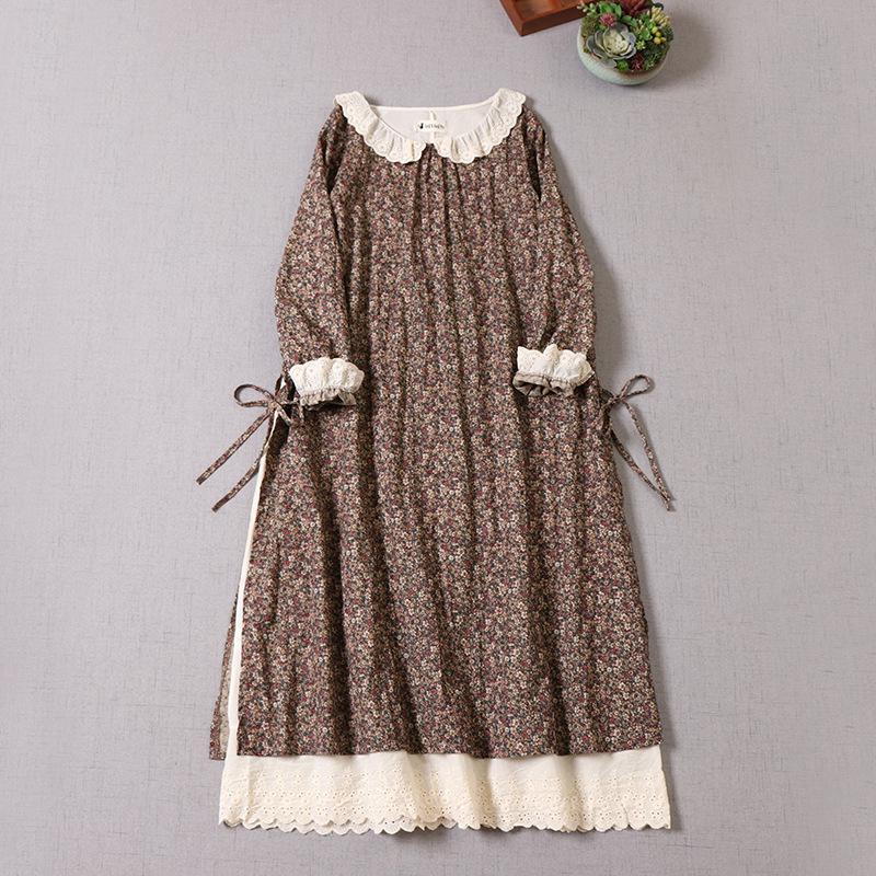 Japanisches Mori-Mädchen Frühling Herbst Damen Baumwoll-Leinen-Kleid Peter Pan Kragen Blumendruck Retro-Kleid Stickerei Aushöhlen Elegantes Vintage-Kleid One Size hellbraun