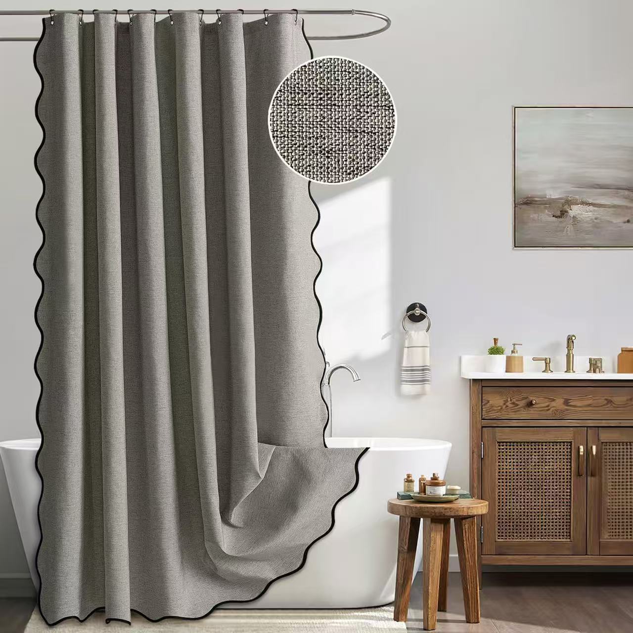 Faux Leinen Wellenkante Duschvorhang Wasserdicht Badezimmer Trennwand Sichtschutz Vorhang Duschvorhang Badewannen Dekoration 180*220cm graue