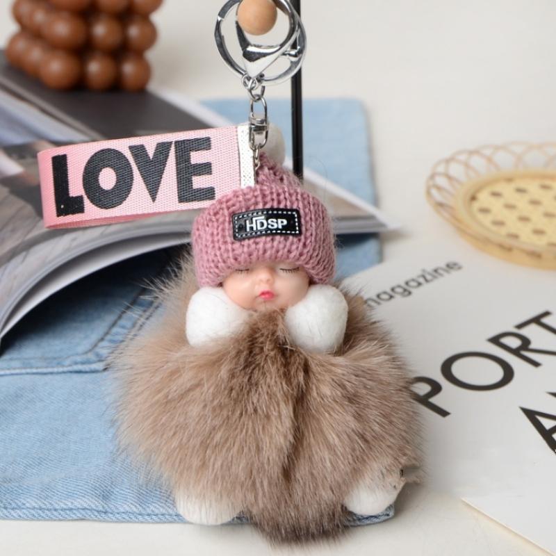 Neue Mode Nette Frauen Tasche Anhänger Plüsch Anhänger Schlaf Puppe Auto Schlüsselbund Anhänger Weihnachten Geschenk licht grau