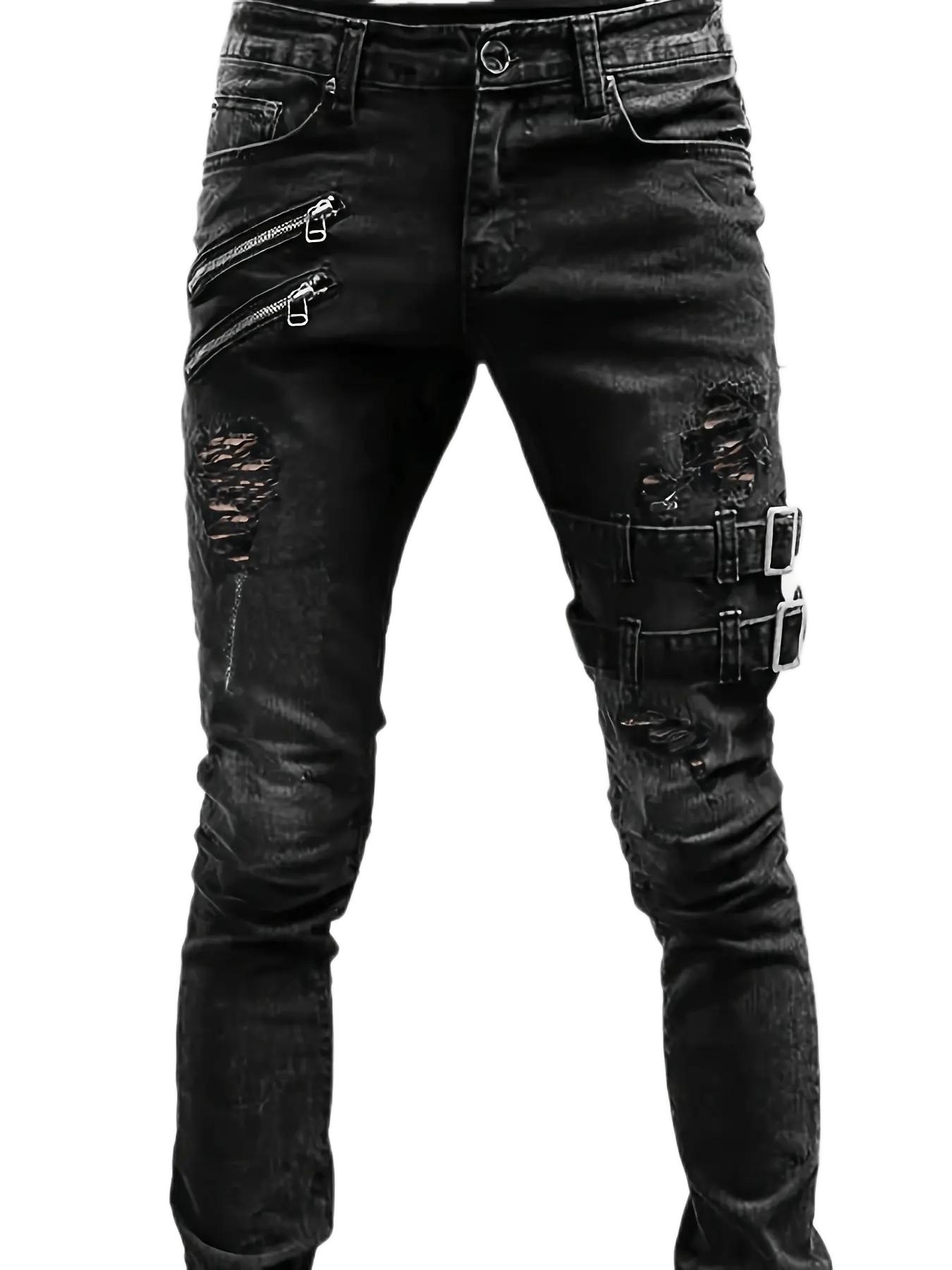 Lässige Skinny-Biker-Jeans für Herren, schicke Streetstyle-Jeans mit mittlerem Stretch XXL schwarz