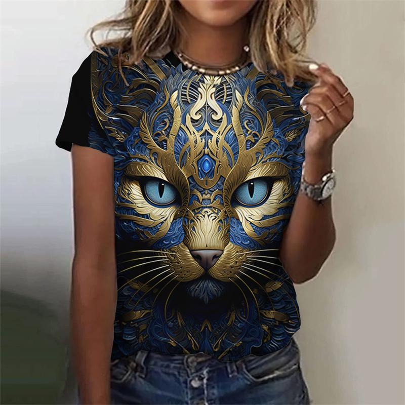 3D-gedrucktes lustiges Katzen-T-Shirt für Frauen Coole Tiergrafik-T-Shirts Sommer Harajuku Lose T-Shirts Kurze Ärmel Rundhals-Oberteile T-Shirts Damen L