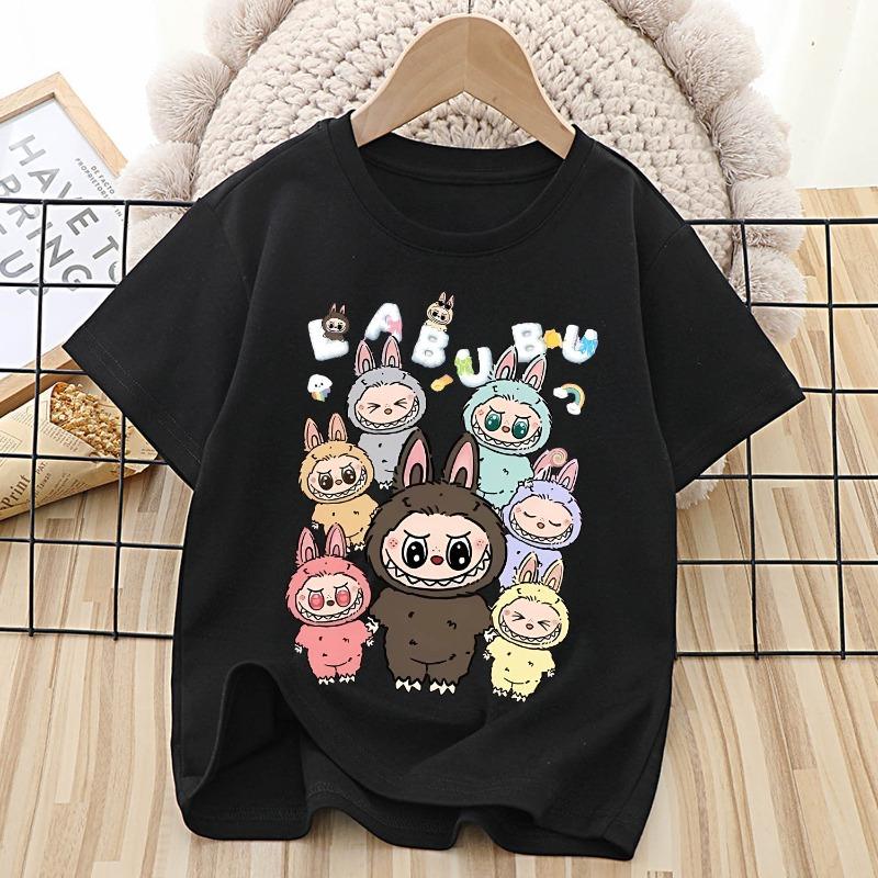 Labubu T-Shirt für Kinder Niedliches Cartoon Anime T-Shirt Top Schwarz Kurzarm Rundhals Kleidung Mode Kinder Sommerkleidung Geschenk S