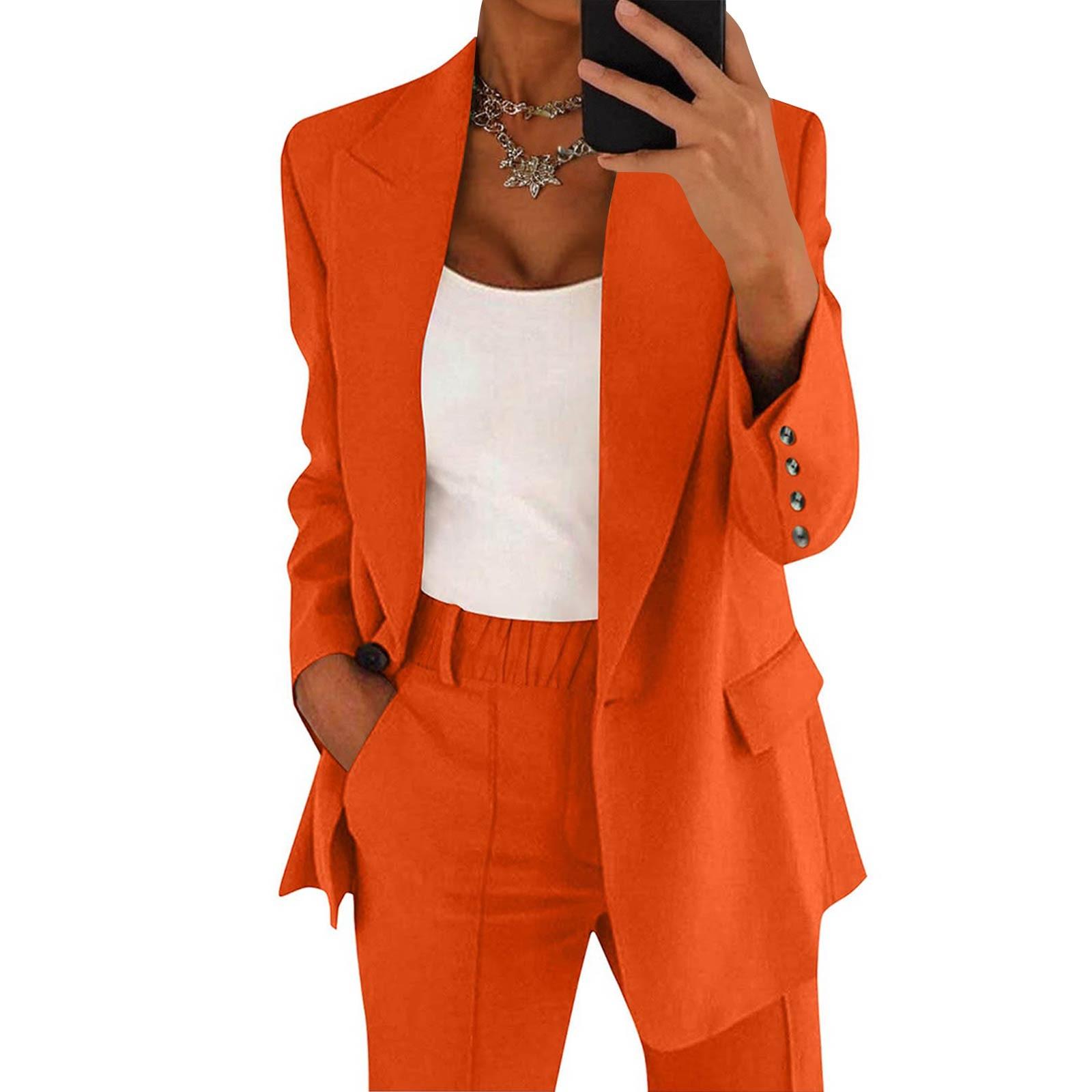 Frauen Casual Langarm Einfarbig Revers Strickjacke Anzug Jacke Hosen Anzug L orange