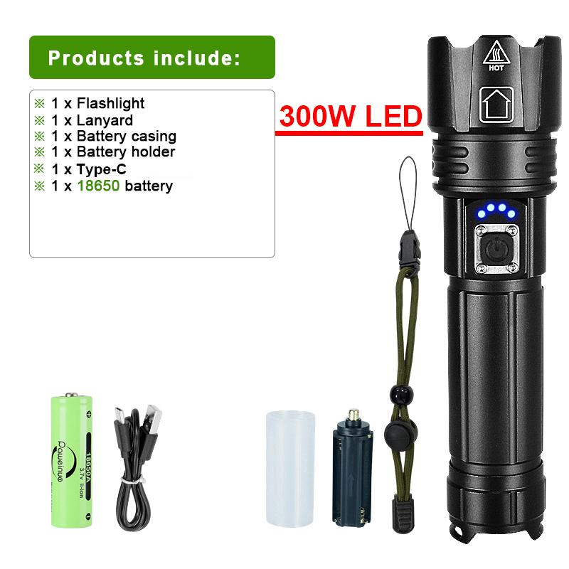 2000000 Lumen Hochleistungs-Taschenlampe 300W LED-Blitzlicht Aufladbare Taschenlampe 26650 Zoom Handlampe Wasserdichte Außenleuchte Campinglaterne Kit B schwarz