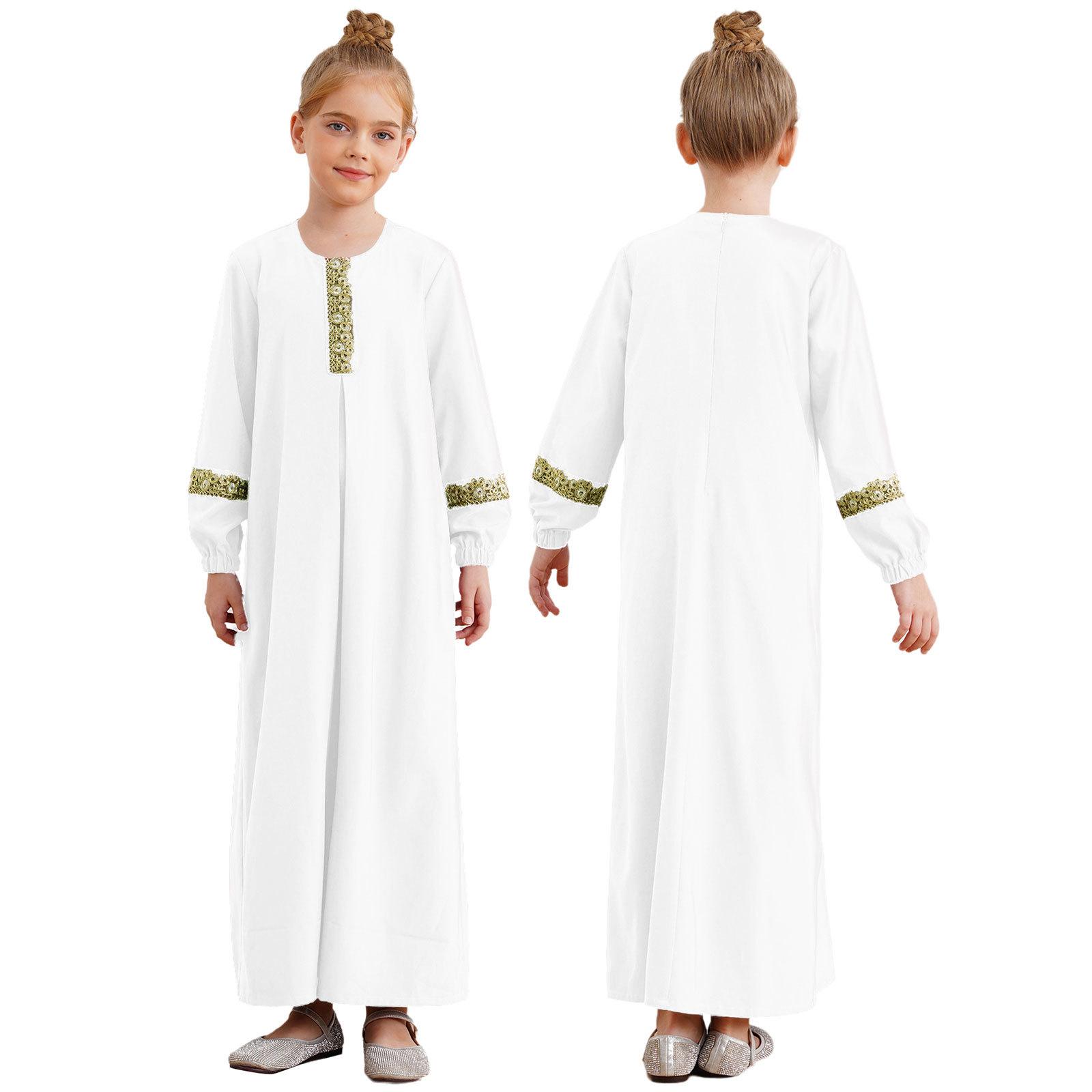 Mädchen Islamisches Abaya Kleid Langarm Rundhals Maxikleid Ramadan Maskerade Outfit 7-8 Years weiß