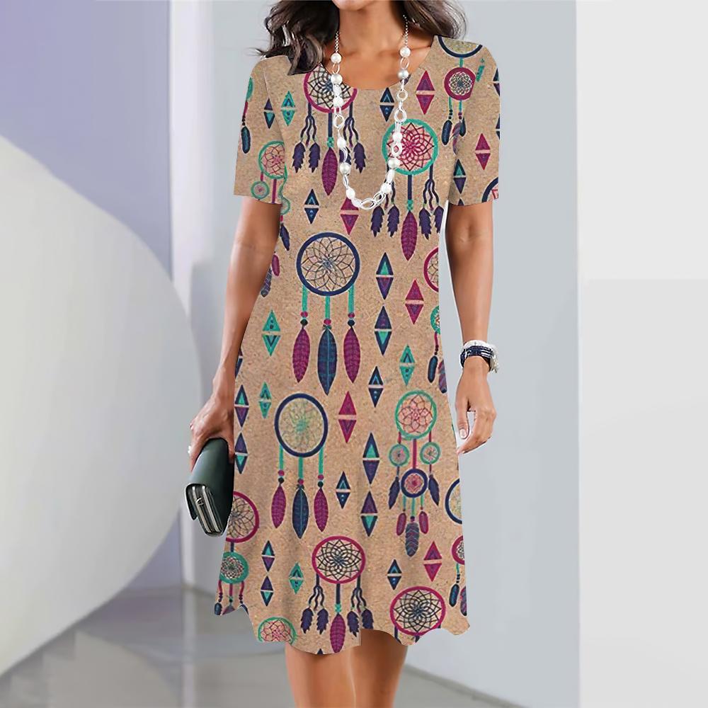 Traumfänger 3D-Druck Kleider für Damen Elegante Kleider Sommer Damen Kurzarmkleid Mode Übergroße Kleidung 6XL beige