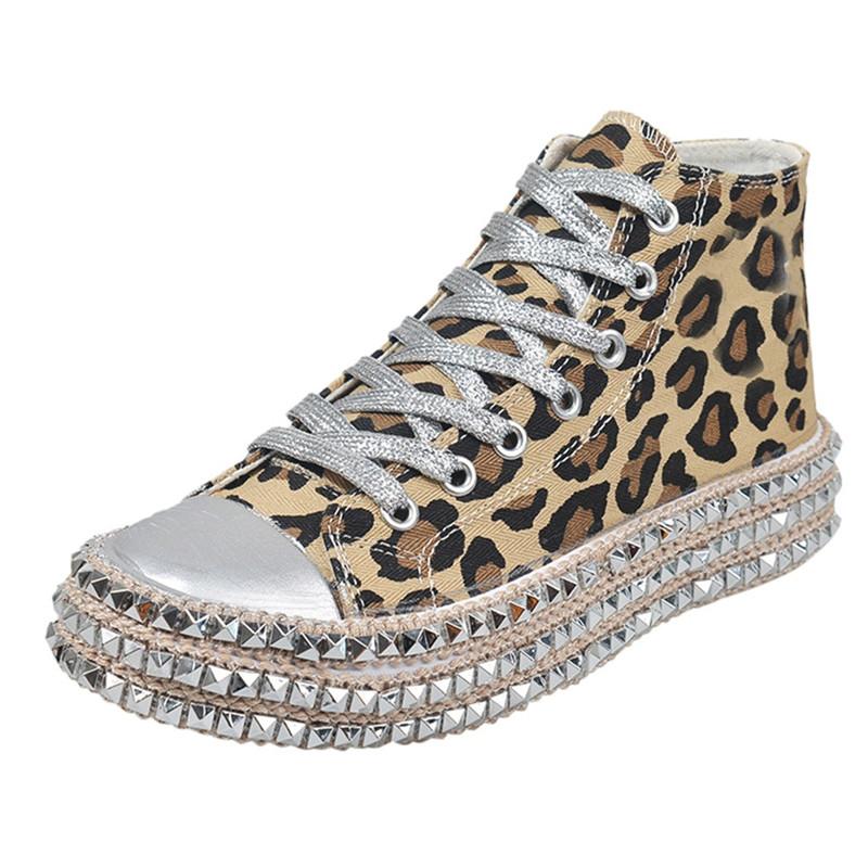 Frauen Turnschuhe Leopard Nieten Schuhe Frauen Leinwand Schuhe Freizeit Lace-Up Low High Top Sneakers Korb Femme Große Größe frauen Schuhe 35