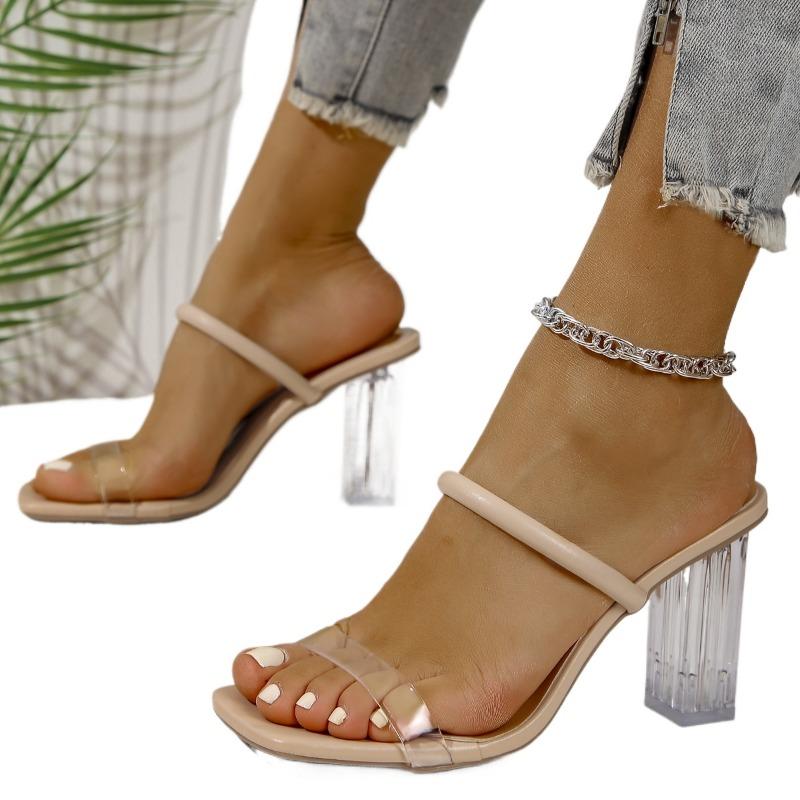 Übergrößen Schuhe Damen Moderne Damen Hausschuhe Elegante Kleiderhausschuhe Damen Eckige Zehenpartie Hohe Absätze Outdoor Damen Sandalen 42 apricot