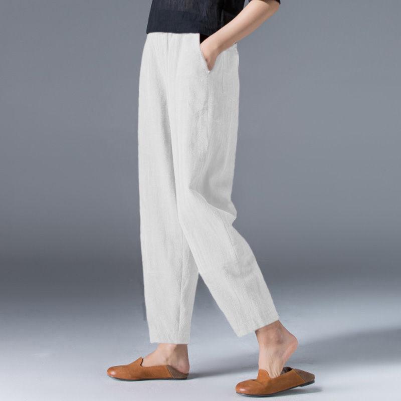 Bestellen Sie zwei Nummern größer, Damen Sommer lässige lose Haremshose elastische Taille Baumwolle Leinen dünne Hose neunte Hose XXXXXL weiß