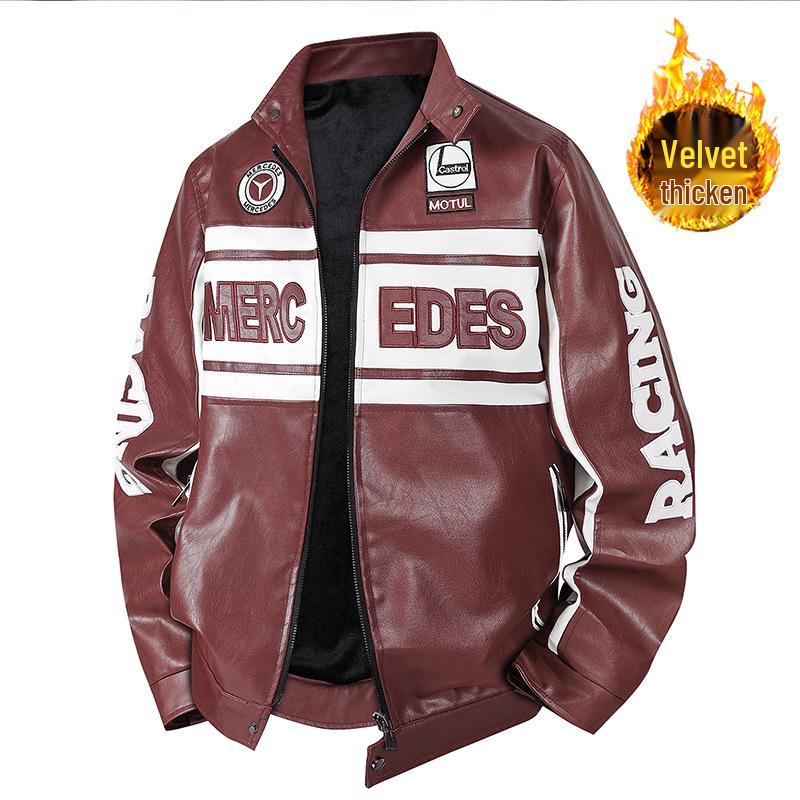 Mercedes-Benz Jugend Trendy Fleecegefütterte Bestickte Motorrad-Lederjacke - Herren Übergröße Erhältlich Large kaffeebraun