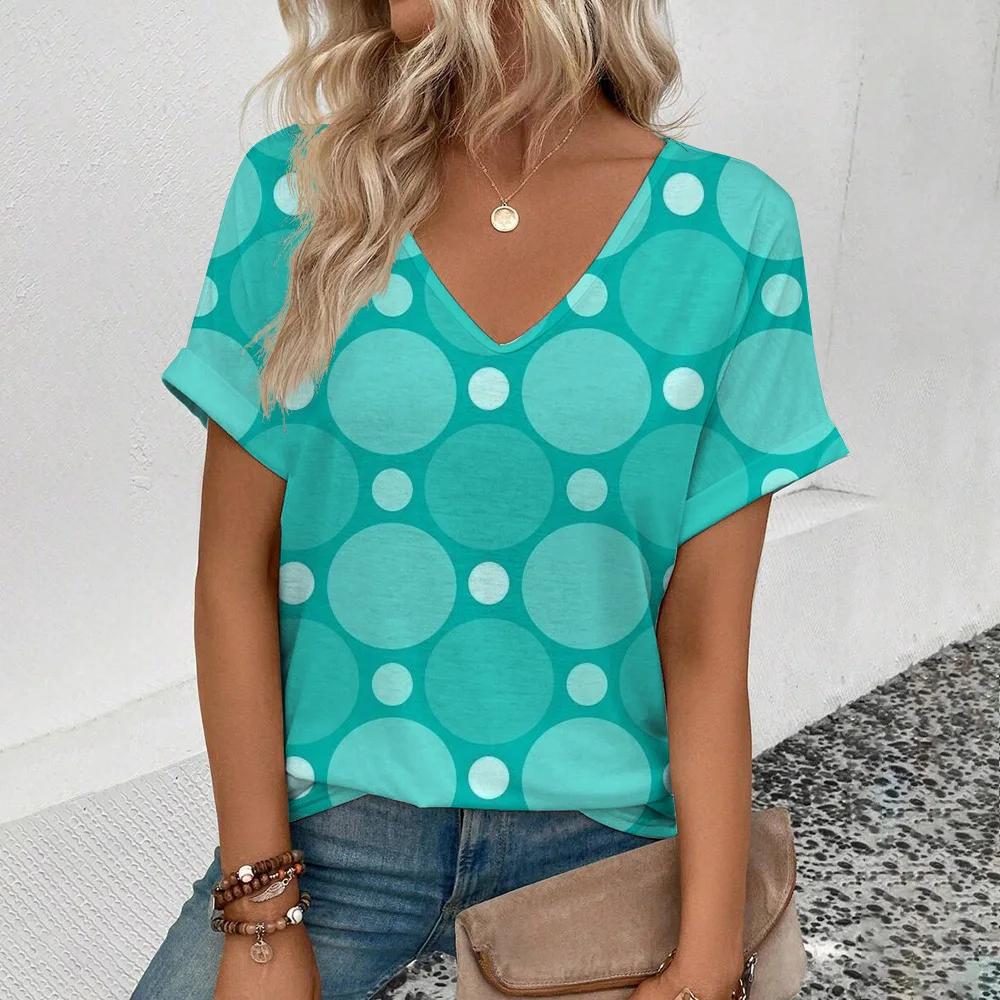 2024 sommer Casual T-shirt Einfarbig T-shirt Polka dot 3D Druck T-shirt Mode frauen kurzarm T-shirt frauen v-ausschnitt 4XL