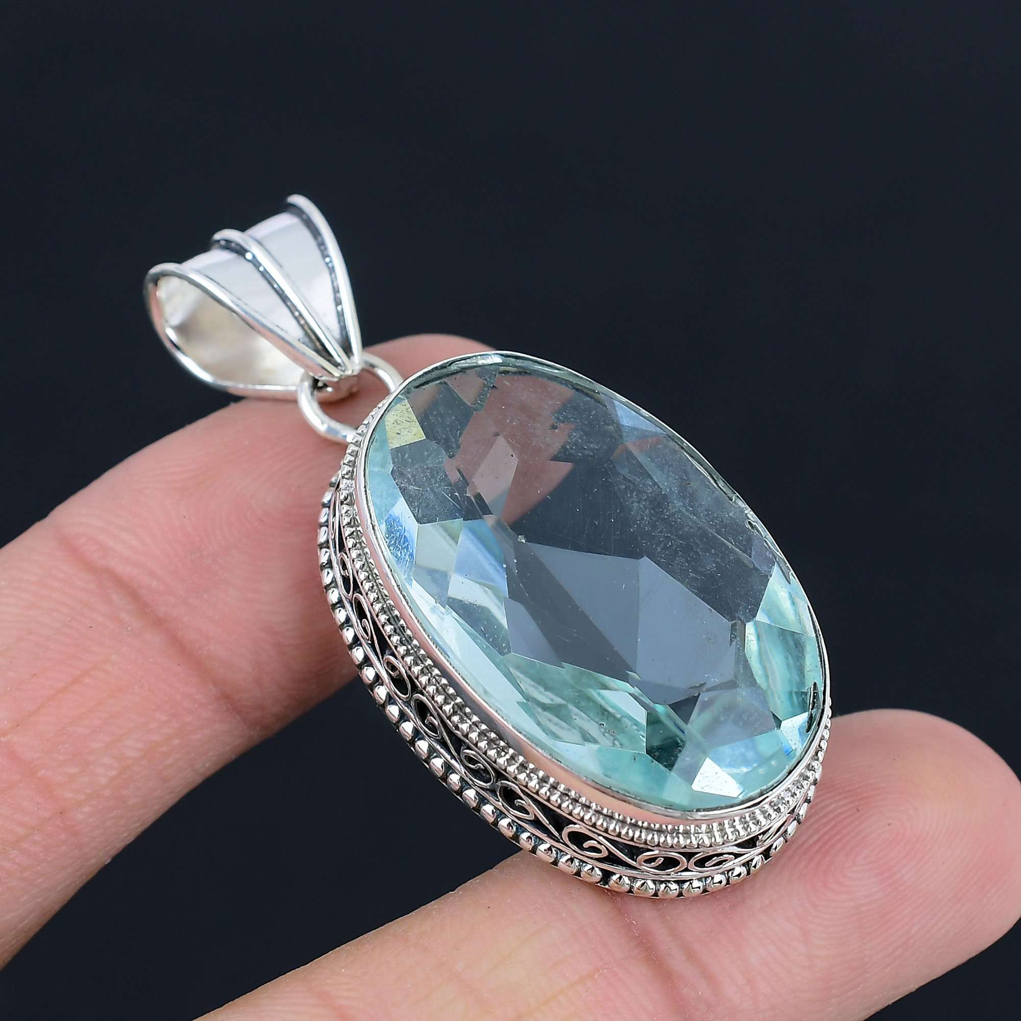 Blauer Topas Edelstein Anhänger Massiver 925 Sterling Silber Anhänger Schmuck Geschenk für Unisex gray