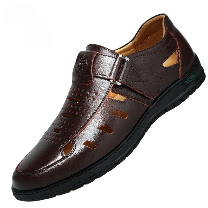 Herren Sandalen aus echtem Leder, atmungsaktive Sommer-Freizeitschuhe für Herren, Slip-on-Clogs, Outdoor, rutschfest, handgefertigte Sandalen 44 braun