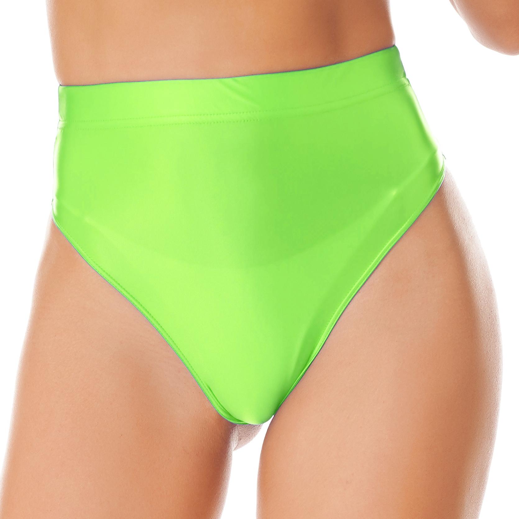 Damen-Badeanzug, glänzend, einfarbig, hohe Taille, Slips, Unterwäsche, Badeanzug, Unterteil, Strand, Pool, Party, Sonnenbaden, Bademode XL fluoreszierende grün