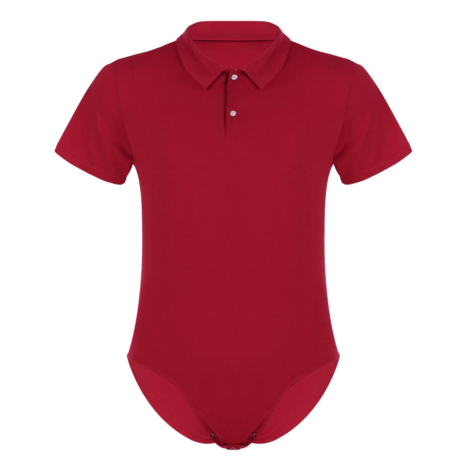 Herren Kurzarm Umlegekragen Druckknopf Schritt Hemd Tops Pyjamas Bodysuit Catsuit Männliche Unterwäsche 3XL rot