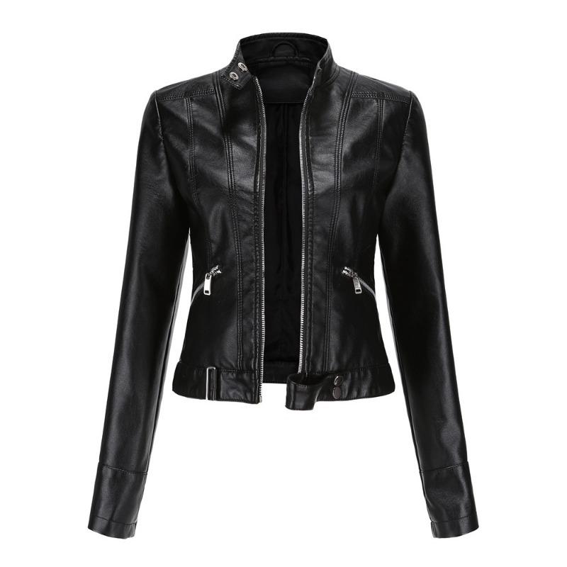 Damen Kunstlederjacke Kurzer Mantel Frühling Herbst Stehkragen Oberbekleidung Damen Britischer Stil Temperament Dünne Lederjacke XS schwarz