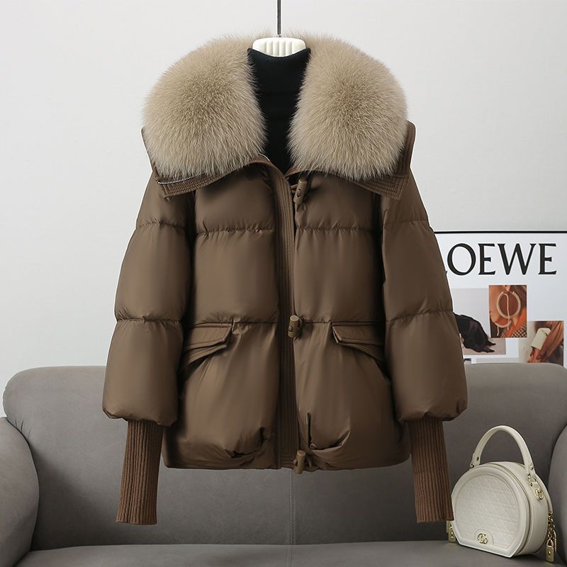 Winter Unten Kurze Gepolsterte Jacke Frauen Parkas Pelz Kragen Dicke Baumwolle Mäntel Kleidung Schwarz Casual 2XL kaffeebraun