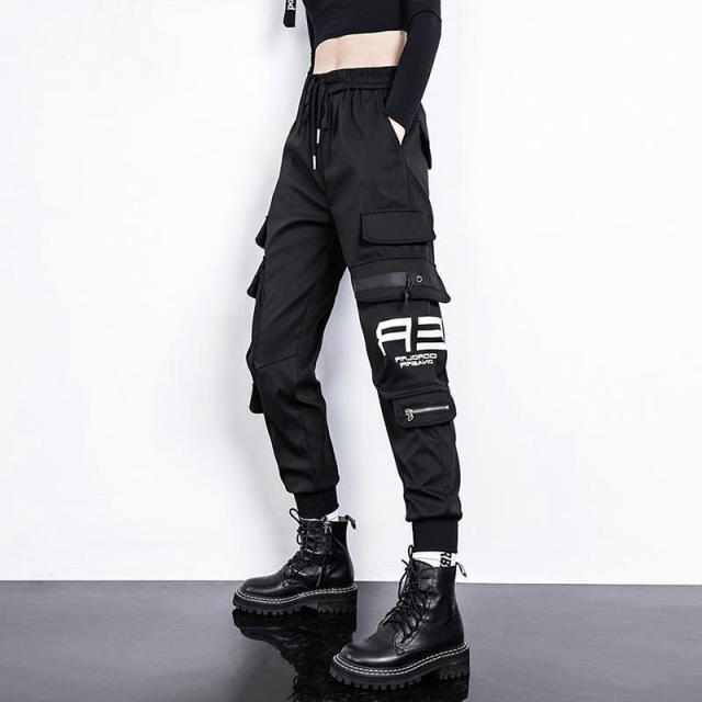 Große Taschen Cargo Hosen Frauen Elastische Hohe Taille Lose Streetwear Hose Baggy Taktische Hosen Hip Hop Hohe Qualität Jogger Hosen XL schwarz