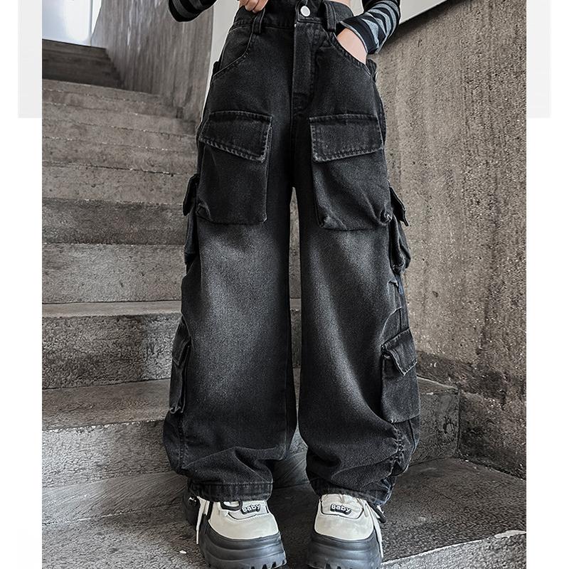 Trendige und coole Street-Mädchenhosen, Street Dance-Denim-Arbeitshosen für Kinder, Performance-Kleidung, neue Jeans für große Kinder 160 schwarz