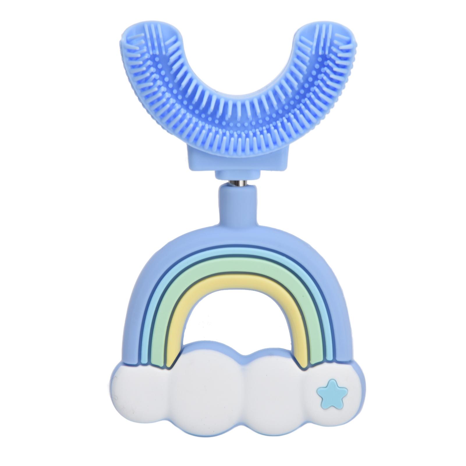 Cartoon-Muster U-förmige Zahnbürste Lebensmittelqualität Silikon Ganzmund-Zahnbürste für KinderBlau