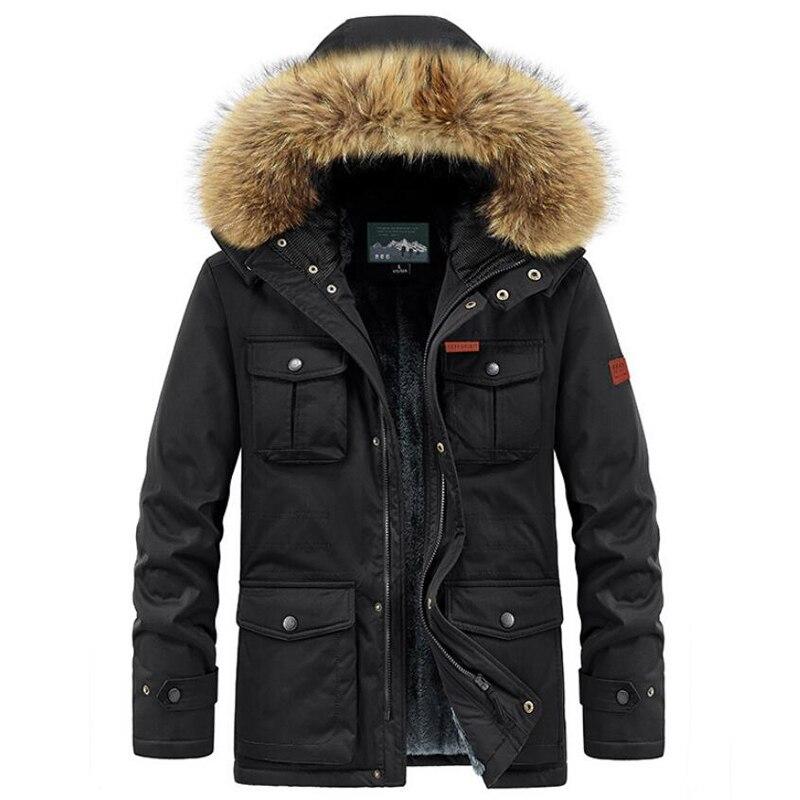 Plus Größe 8xl Winter Jacke Männer Warme Dicke Fleece Parkas Windjacke Militär Mit Kapuze Pelz Kragen Mantel Männer Kleidung XXXL schwarz