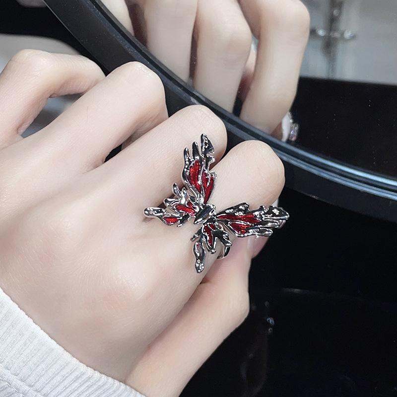 Punk Gothic Rot Schmetterling Ring Vintage Licht Luxus Öffnung Einstellbar Finger Ring Französisch Stil Personalisierte Party Schmuck Geschenk