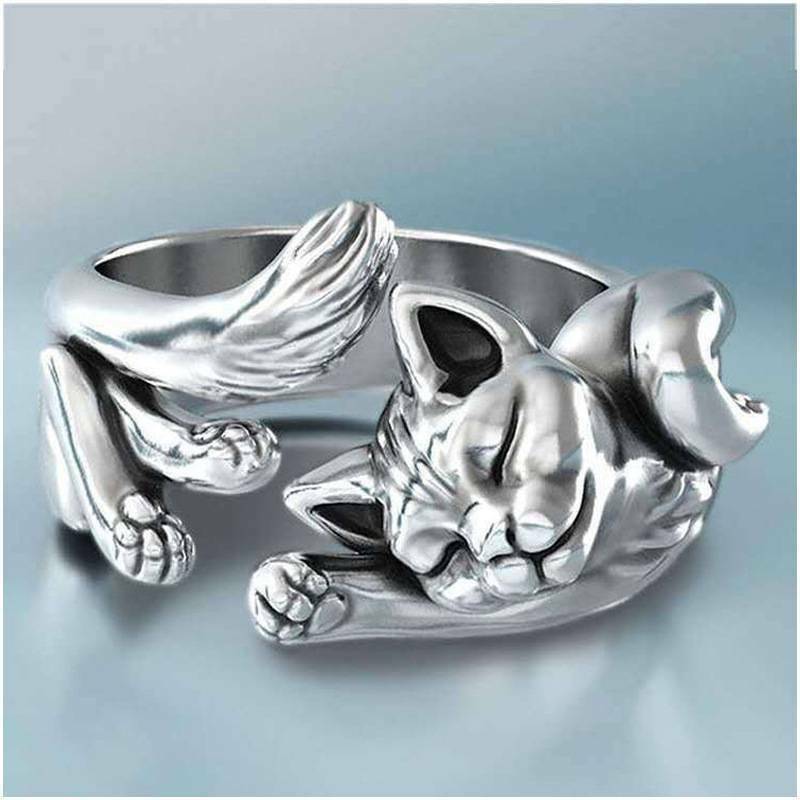 Mode Antik Silber Katze Ring Mode Herren Damen Verstellbarer Ring Schmuck