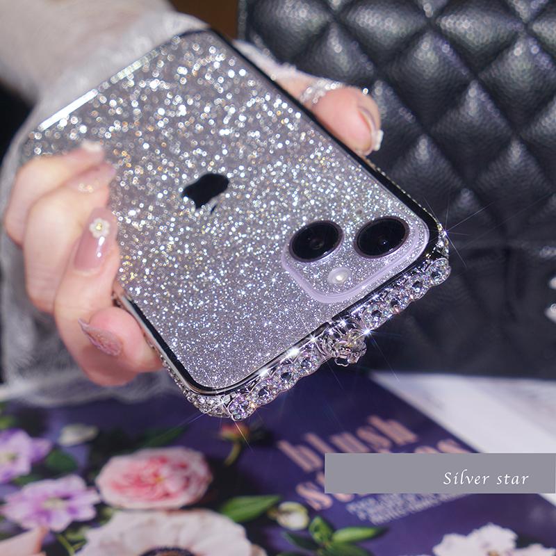 Bunter Diamantrand mit Glitzerfolienaufkleber Handyhülle für iPhone 15 14 Plus 13 12 11 Pro Max XSMax 8 7 Plus Schutzhülle iPhone 15 Plus silber