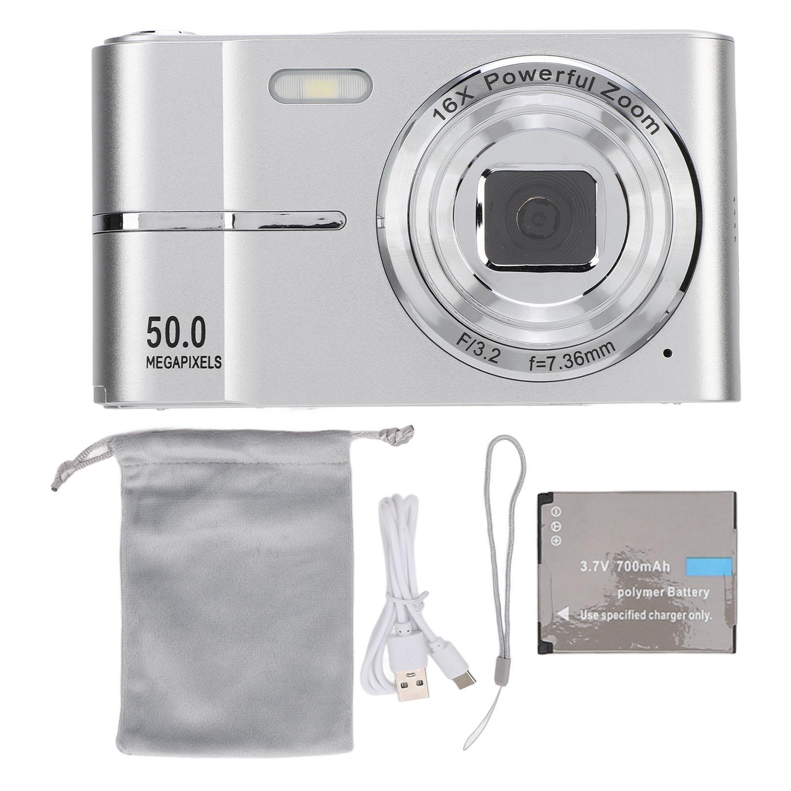 Taschen-Digitalkamera FHD 1080P 50MP Unterstützt AF Autofokus 16-facher Zoom Studenten Tragbar Kompakt Klein silber