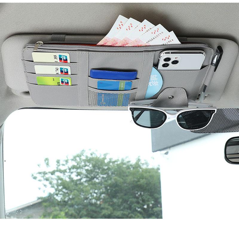 Auto-Sonnenblende-Aufbewahrungsbox, Geldschein, Stift, Kartenhalter, DVD-Organizer mit Sonnenbrillen-Clip, Verstauen, Aufräumen, Autozubehör grau