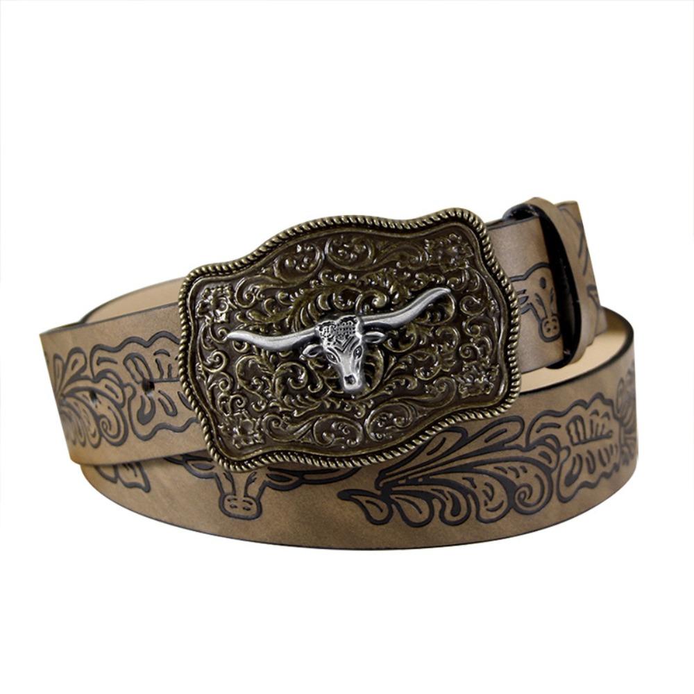 Geschnitzter Western-Cowboy-Gürtel mit Kuhkopf-Schnalle, Taillengürtel, Modischer Jeans-Hosen-Gürtel für Männer und Frauen kaffeebraun