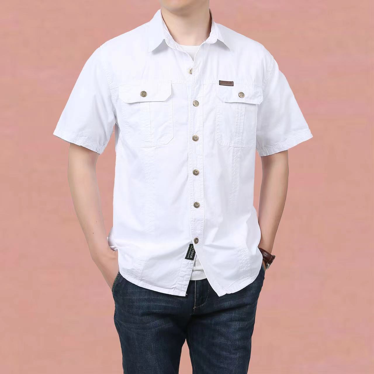 Mode Casual Shirts Sommer Männer Plus Größe Lose Baggy Shirts Kurzarm Drehen-unten Kragen Military Stil Männliche Kleidung 3XL weiß