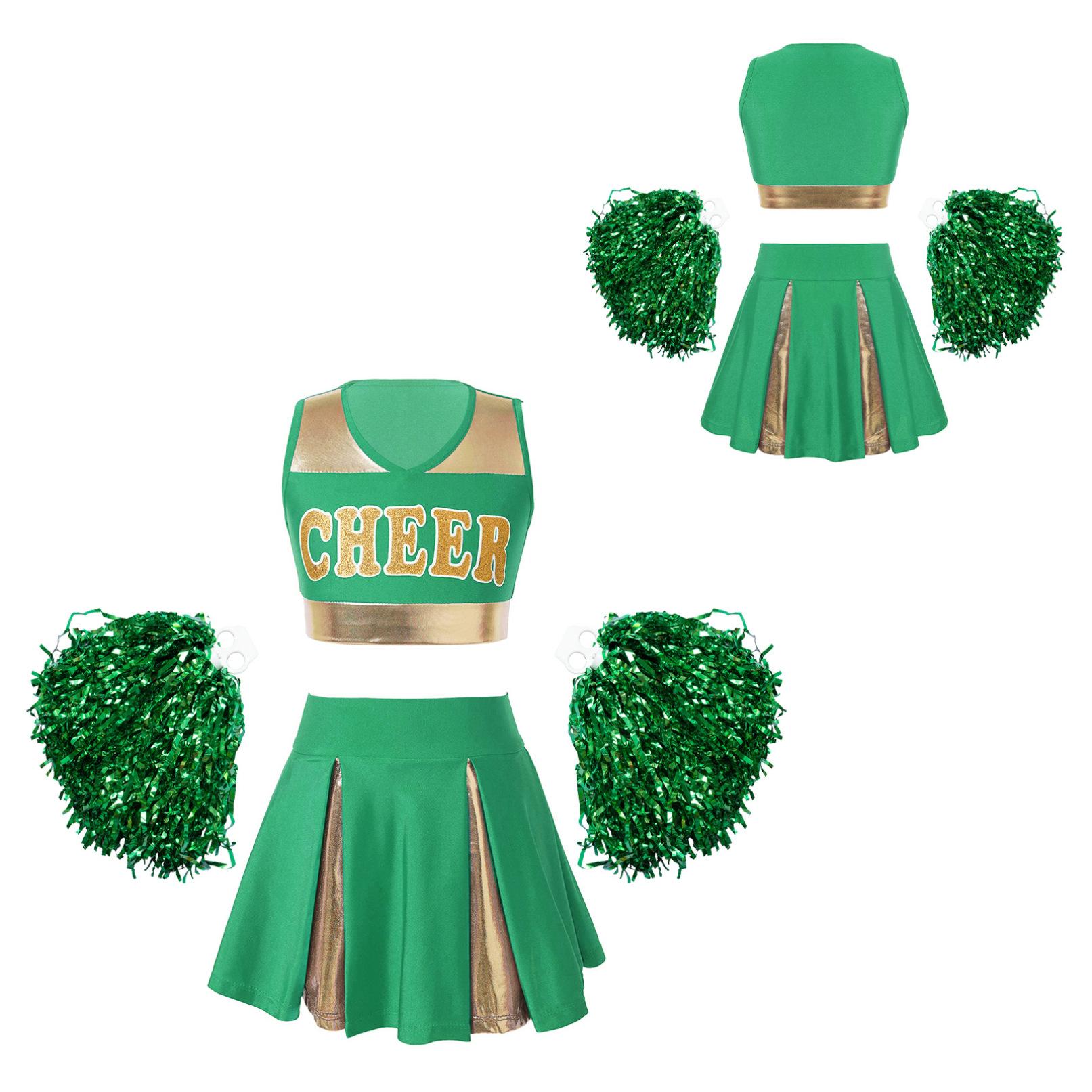 Cheerleading-Uniform für Mädchen, Kostüm-Outfit, Cosplay, Halloween-Kostüm, bauchfreies Top mit Rock und Handblumen 5-6 Years grün