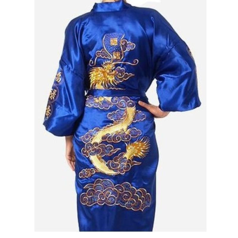 Herrenbekleidung im ethnischen chinesischen Stil, Herren-Dalong-Bademantel, Bademantel, Drachenrobe, Tang-Anzug, Pyjama, Nachthemd, Home Service, bestickter Dalong M blau