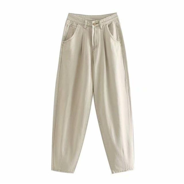 Khaki Weibliche Cargo Hosen Hohe Taille Harem Lose Jeans Plus Größe Hosen Frau Casual Streetwear Mom Jeans L beige