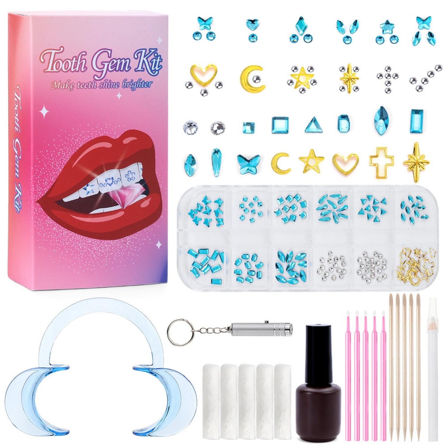 Zahnstein-Set, Zahnschmuck-Set mit Kleber und Licht, Zahnstein-Set für Zähne, Professionelles DIY-Zahnstein-Set, Modischer Kristall für Zähne Süßes Lächeln blau