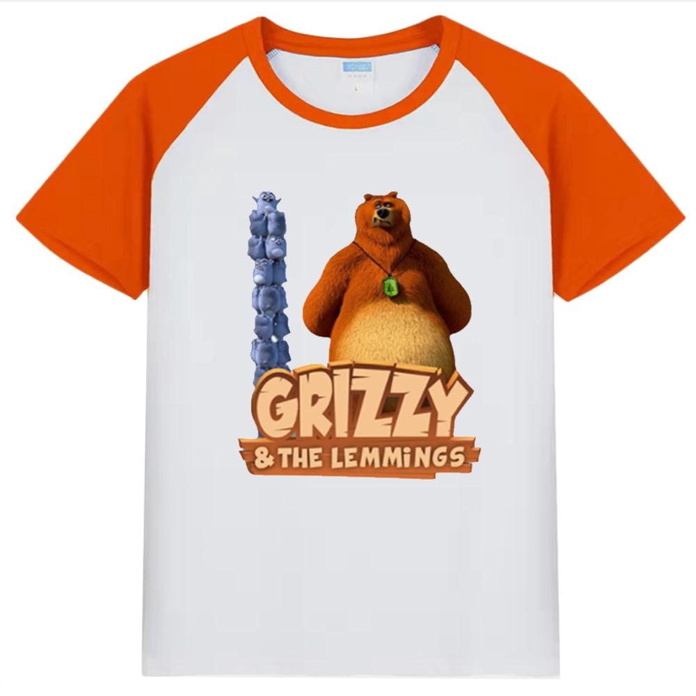 Grizzy Bear Cute Lemmings Cartoon Print Lustiges Kinder T-Shirt 100% Baumwolle Sommer Kinderkleidung Jungen Mädchen O-Ausschnitt T-Shirts 110 orange