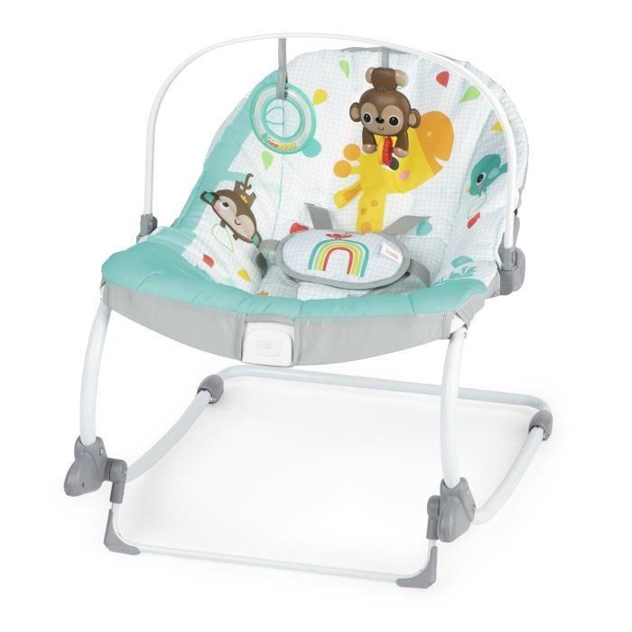 BRIGHT STARTS Weiterentwickelbare Babywippe Regenbogen, blau, Beruhigende Vibrationen, 2 Neigungspositionen, ab 0 Monaten bis 18 kg