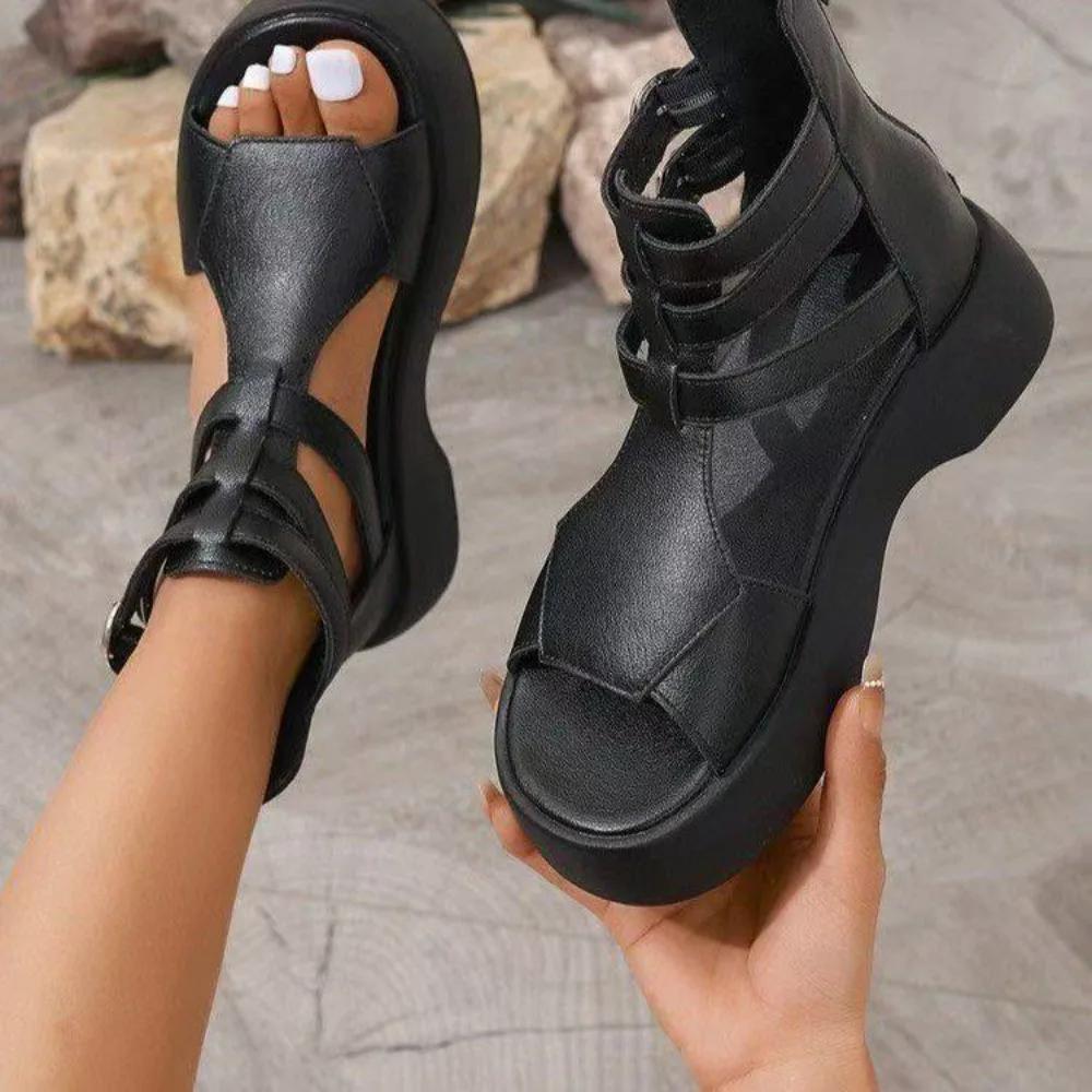 Mode Retro Damen Sandalen Mode Leder Damen Stiefel Atmungsaktive Plateauschuhe Designer Mittelhohe Absätze Damen Keilschuhe Sandalias Mujer 36 schwarz
