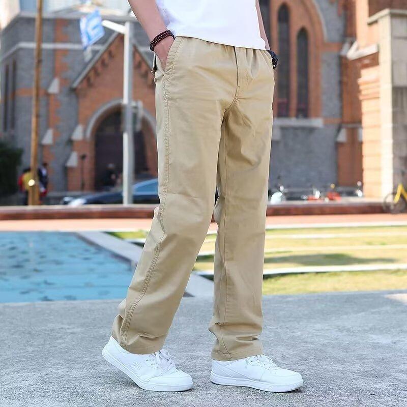 Männer Cargo Hosen Frühling Herbst Elastische Taille Kordelzug Einfarbig Casual Lose Große Tasche Weiche Männliche Gerade Breite Bein Hosen herrenmode 5XL khaki