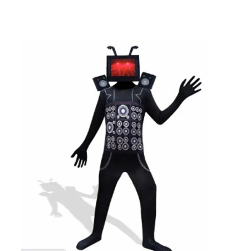 Skibidi Toilettenkostüm, Spiel, Cosplay, Lautsprecher, Mann, TV, Mann, Bodysuit, Overall, Maske, Cosplay, Halloween, Kostüme für Männer und Kinder 140 black