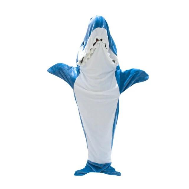 Hai-Decke für Erwachsene, Cartoon-Schlafsack, Pyjama mit Kapuze, warmer Flanell, lustige Homewear, Hai-Onesie, Schlafsack, warme Winterdecke XL 170cm blau