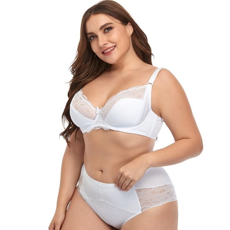 Beauwear Sexy Spitzen-BH und Slip-Set für Damen in Übergröße, Unterwäsche-Set mit angepassten Trägern, einfacher Stil, bequemes Dessous-Set 100D weiß