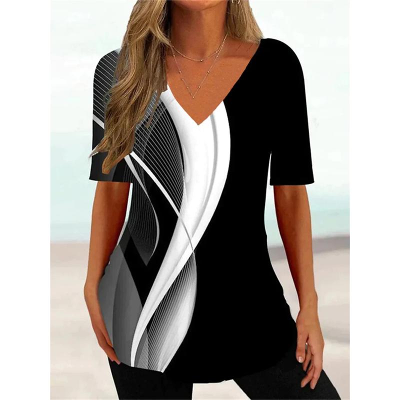 Damen T-Shirt mit 3D-Wellen-Kurve, modisch, V-Ausschnitt, Sommer, kurzärmelig, lose, Streetwear, Damenkleidung, lässiges T-Shirt für Damen S