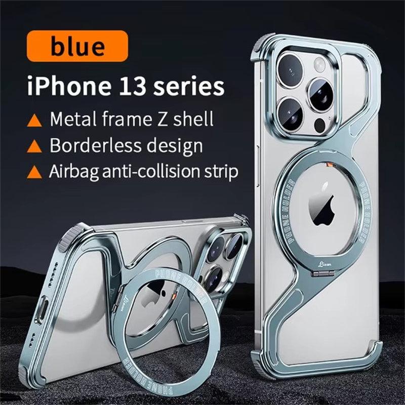 Magnetische Metall-Handyhülle für iPhone 13 14 15 16 Pro Max Aluminium-Ständer Handyhülle unterstützt kabelloses Laden Legierungshalter Schale iPhone 13 Pro Max blau