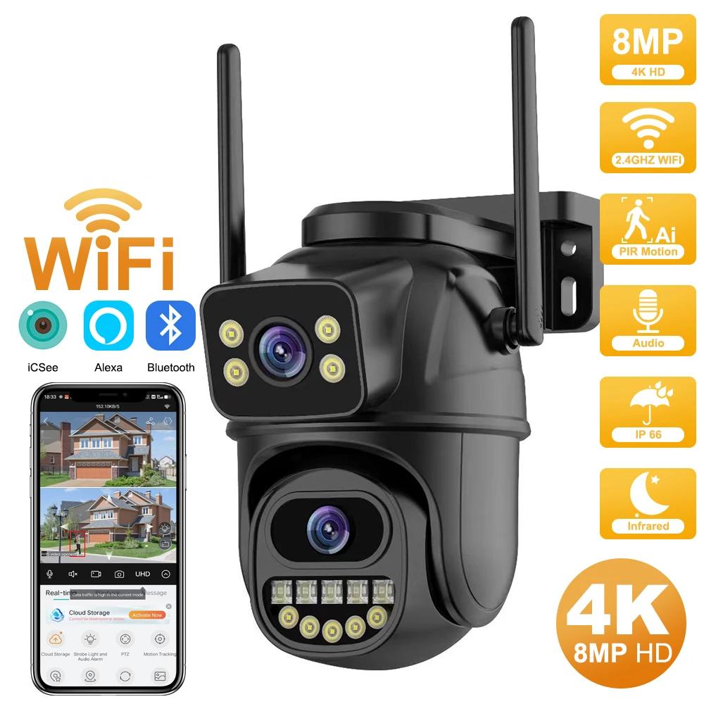 Neue 4K 8MP HD Wifi PTZ Kamera Outdoor 4MP Dual Objektiv Dual Screen AI Auto Tracking IP Kamera CCTV Audio Video Überwachung P2P iCSee EU Plug