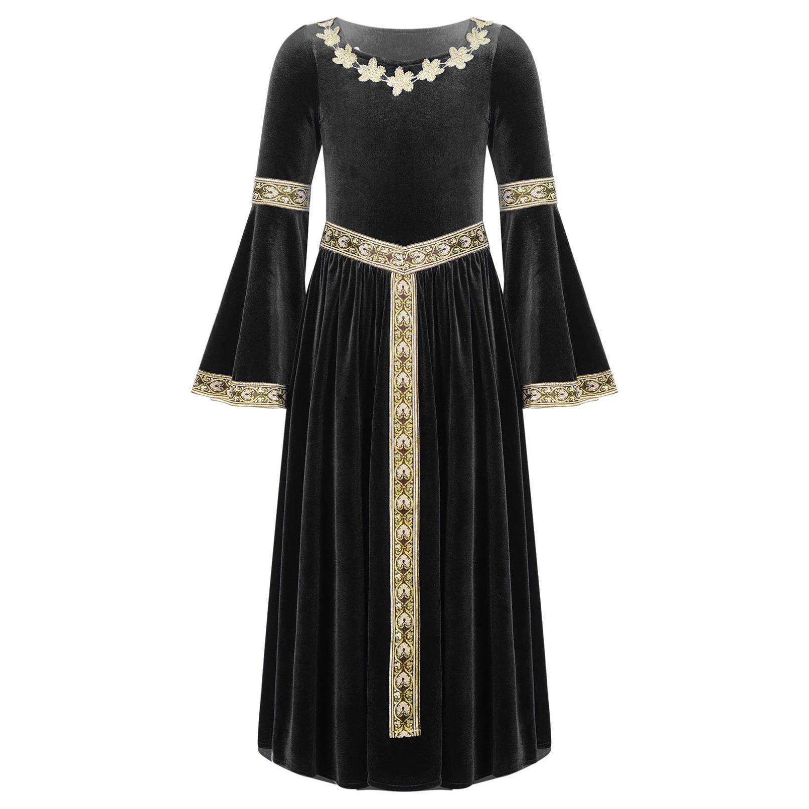 Kinder Mädchen Mittelalter Renaissance Prinzessin Kostüme Samt Vintage Maxikleid Ballkleid Halloween Kostüm 5-6 Years schwarz