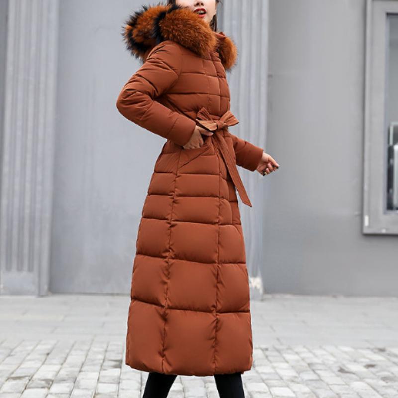 Neue Winterjacke Damen Warme Mode Bogen Gürtel Fuchs Pelz Kragen Mantel Langes Kleid Damen Dicker Mantel XXXL orange